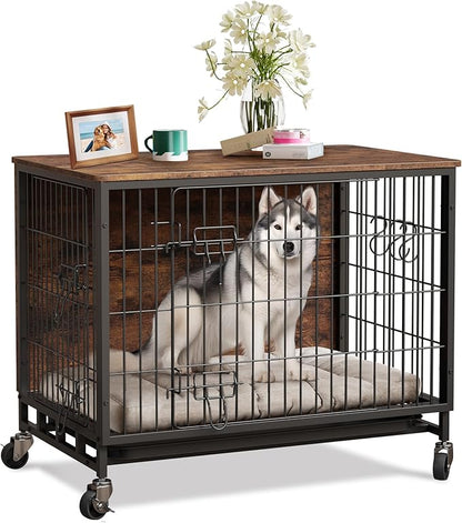 27.2" Dog Crate Furniture, Furniture-Style Dog Crate - Kennel Table with Wheels, Rustic Pet Cage for Small Breeds, Brown & Black