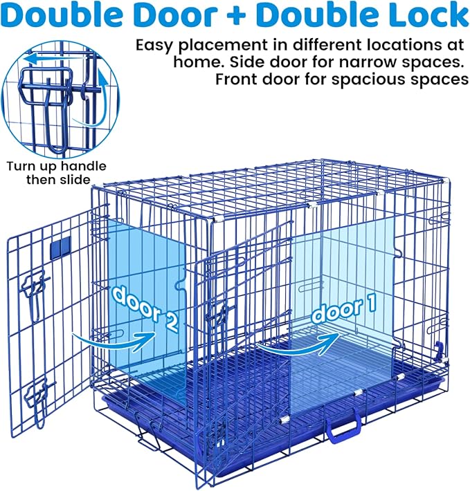 HOMEY PET Blue 30 Inch Dog Crate, Small Dog Kennel Indoor Collapsible Dog Cage Medium Sized Dog Nano-Coated Metal Wire Dog Crates with Removable Floor Grid and Tray, Double Doors Dual Locks, Handle