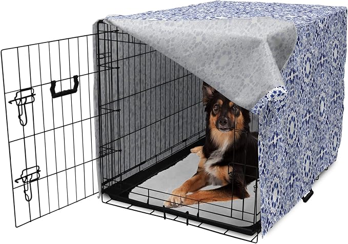 Lunarable Traditional Dog Crate Cover, Circular Flowers and Stripes Ethnic Gzhel Pattern Classic Motifs Art, Easy to Use Pet Kennel Cover for Medium Large Dogs, 36 Inch, Pale Blue