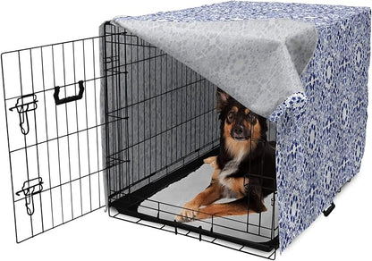 Lunarable Traditional Dog Crate Cover, Circular Flowers and Stripes Ethnic Gzhel Pattern Classic Motifs Art, Easy to Use Pet Kennel Cover for Medium Large Dogs, 36 Inch, Pale Blue