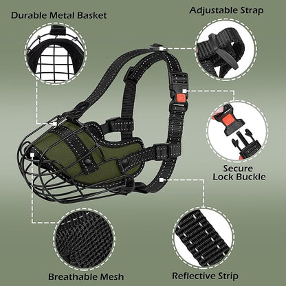 OOPSDOGGY Pitbull Dog Muzzle Reflective Metal Mask Secure Wire Basket Muzzle for Large Sized Dogs Amstaff Soft Cage Muzzle to Prevent Biting Chewing with Adjustable Nylon Straps (Green, Pitbull)
