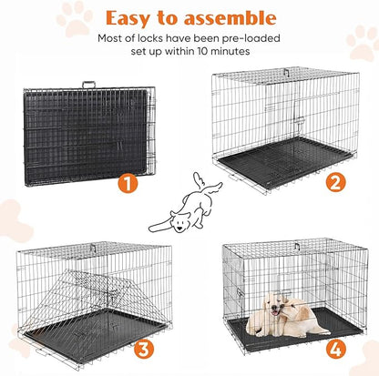 Sweetcrispy Dog Crate with Divider Panel, 48 Inch Double Door Folding Metal Wire Dog Cage with Plastic Leak-Proof Pan Tray, Extra Large Pet Kennel for Indoor, Outdoor, Travel