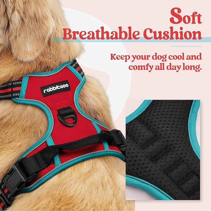 rabbitgoo Dog Harness, No-Pull Pet Harness with 2 Leash Clips, Adjustable Soft Padded Dog Vest, Reflective No-Choke Pet Oxford Vest with Easy Control Handle for Large Dogs, Red & Teal, XL