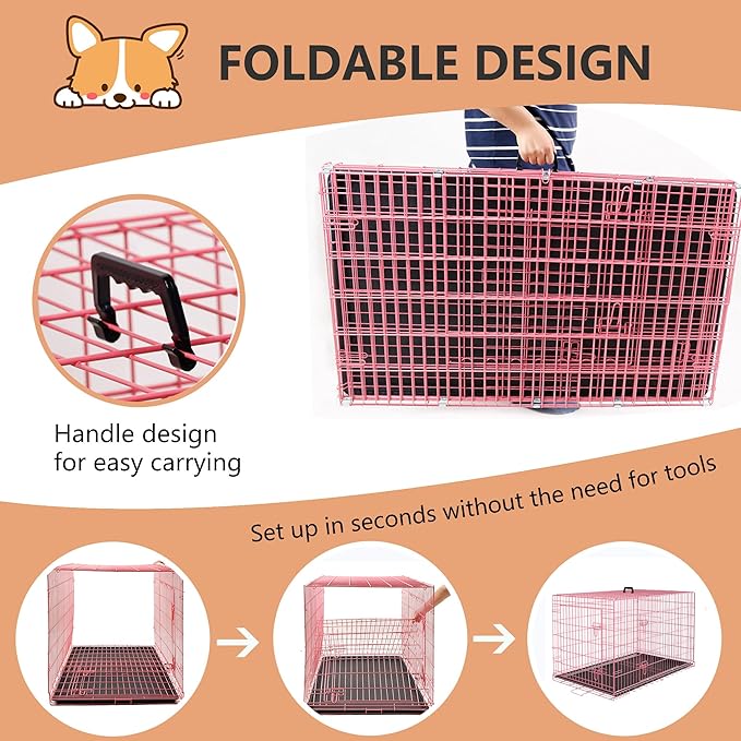 FDW Dog Crate for Large Dogs 42 Inch Folding Metal WirePet Cage Double Door W/Divider Panel Indoor Outdoor Kennel Leak-Proof Plastic Tray,Pink