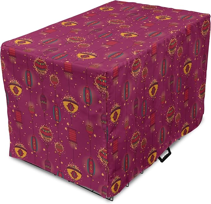 Lunarable Folkloric Dog Crate Cover, Cultural Inspirations Oriental Party Celebration Art Traditional Design, Easy to Use Pet Kennel Cover for Small Dogs Puppies Kittens, 18 Inch, Magenta and Yellow