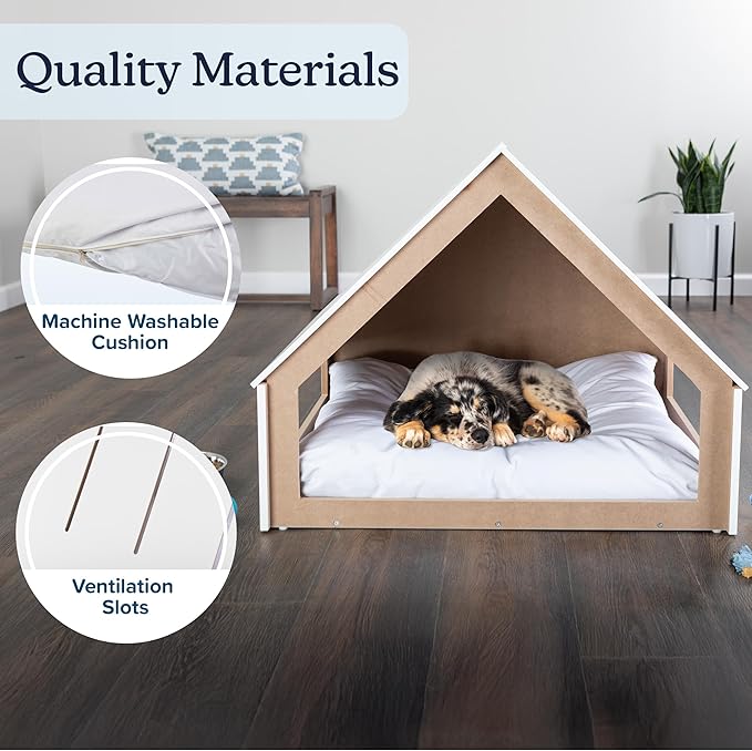 Indoor Dog House Bed - Wood Doghouse with Soft Cushion and Air Vents - 29.5x28x24in Dog Furniture for Small to Medium Pets up to 80lbs - Puppy Accessories by PETMAKER (White)