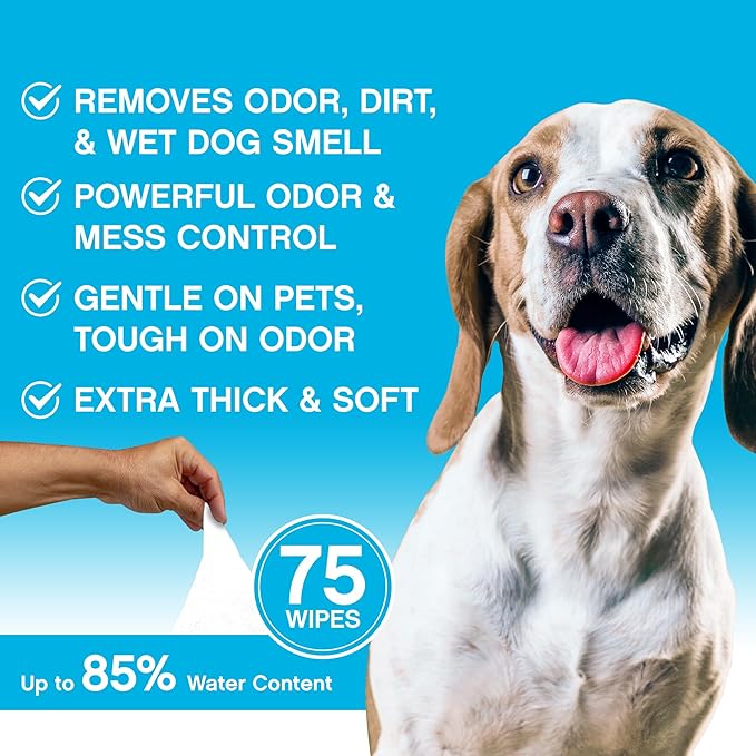 NonScents Dog Grooming Wipes - 75 Deodorizing & Cleaning Dog Wipes - Pet Wipes for Dogs - Fragrance-Free Doggy Wipes for Paws, Butt, Body - Unscented Dog Wipes for Quick Baths