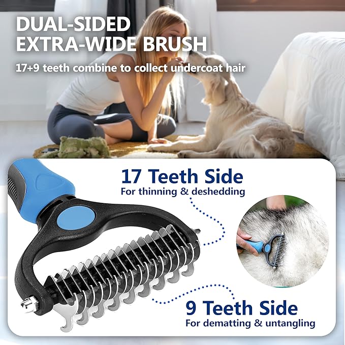 Pet Grooming Comb - Double-Sided Deshedding Tool, Undercoat Rake for Dogs, Dematting Comb for Cats, Extra Wide Brush for Long Haired Dogs & Cats (BLUE)
