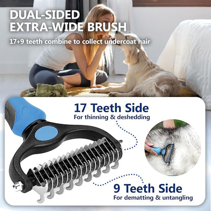 Pet Grooming Comb - Double-Sided Deshedding Tool, Undercoat Rake for Dogs, Dematting Comb for Cats, Extra Wide Brush for Long Haired Dogs & Cats (BLUE)