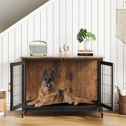 37.5 Inch Dog Kennel Furniture, Heavy Duty Dog Crate Furniture with Wheels, Grid Base, Removable Tray, Latches, Indoor Farmhouse Dog Cage for Medium and Small Dogs, Brown