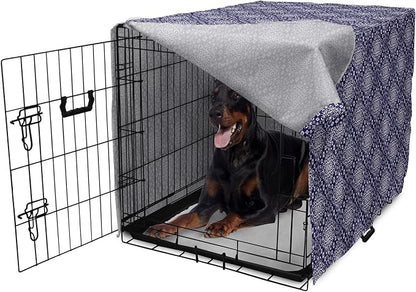 Lunarable Royal Blue Dog Crate Cover, Antique Moroccan Style Exotic Orient Inspired Ceramic Pattern Print Art, Easy to Use Pet Kennel Cover for Medium Large Dogs, 42 Inch, Indigo and White