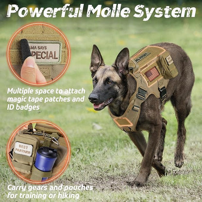 rabbitgoo Tactical Dog Harness for Large Dogs, Heavy Duty Dog Harness with Handle, No-Pull Service Dog Vest Large Breed, Adjustable Military Dog Vest Harness for Training Hunting Walking, Brown, S