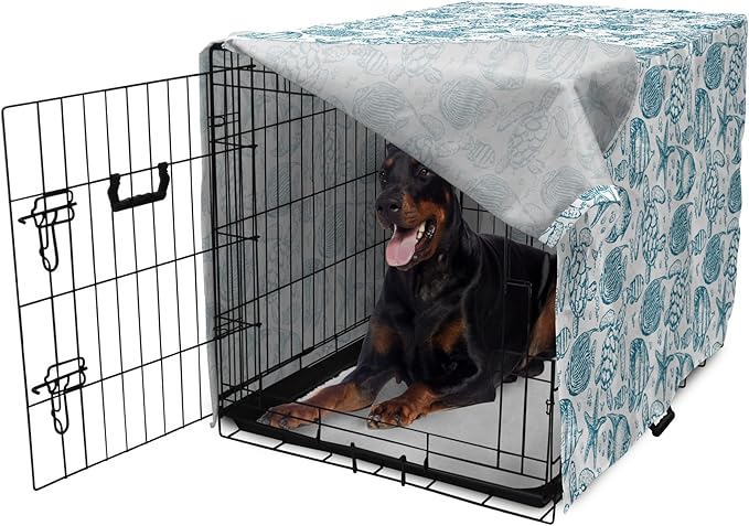 Lunarable Under The Sea Dog Crate Cover, Hand Drawn Sketch Art Style Fauna of The Sea Turtle Starfish and Fishes, Easy to Use Pet Kennel Cover for Medium Large Dogs, 42 Inch, Blue White