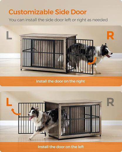 Feandrea Dog Crate Furniture, 38.6" Side End Table, Modern Kennel for Dogs Indoor up to 70 lb, Heavy-Duty Dog Cage with Enclosed Base, Double-Door Dog House, Greige UPFC023G01