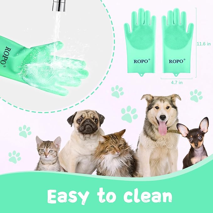ROPO silicone gloves for pet grooming, multi-functional gloves for pet hair shedding, bathing, and massage (Green)