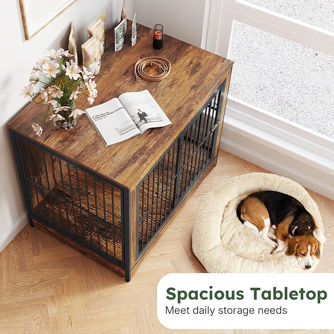 Extra Large Dog Crate 43 Inch, Large Dog Kennel Indoor with 3 Doors, Wooden Dog Crates End Table, Heavy Duty Dog Cage Furniture for Large Medium Dogs