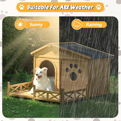 Merax 48" Wooden Dog House Outdoor, Medium Large Breed Outside Kennel with Porch, Paw Print, Weatherproof Asphalt Roof and Fencing