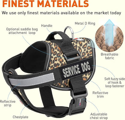 Dogline Unimax Dog Harness Vest with Service Dog Patches Reflective No-Pull, Adjustable Straps, Breathable Neoprene for Medical, Service, Identification and Training Dogs Girth 15 to 19" Leopard Brown