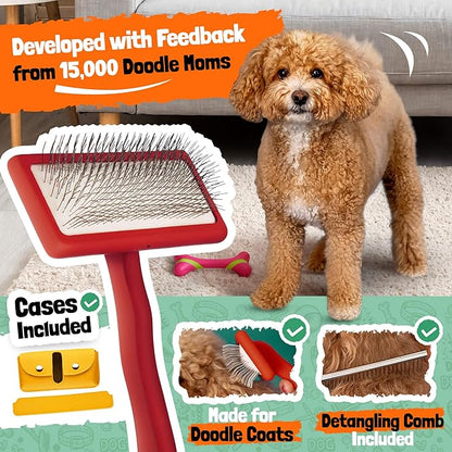 Slicker Brush for Dogs - Doodle Brush - Goldendoodles Labradoodles Bernedoodles - Goldendoodle Must Haves - Poodle Comb and Cases Included - Medium - Red