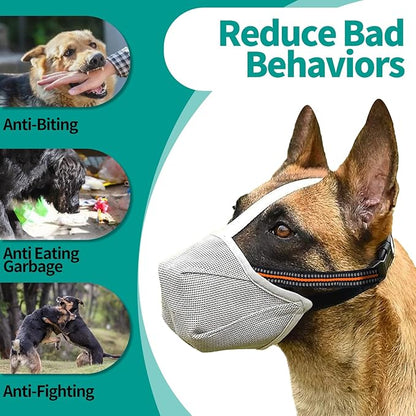 Dog Muzzle - Soft Mesh Muzzle for Small Medium Large Dogs Labrador German Shepherd - Adjustable Puppy Muzzles for Scavenging Biting Licking and Chewing - Allows Panting and Drinking (GreyXL)