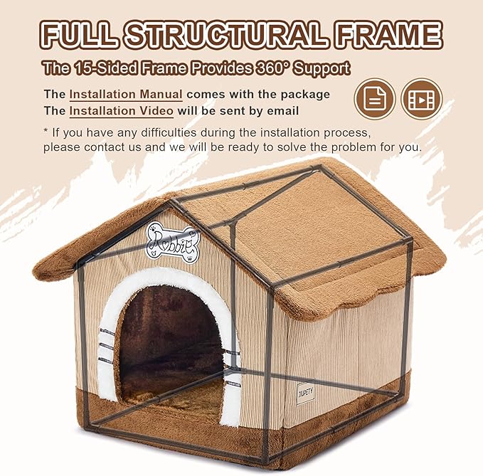 Jiupety Indoor Dog House with Frame, Large Dog Cave Bed, Insulated Cozy, Suitable for 25-60 lb, Large Plus (30"×26"×25"), Brown