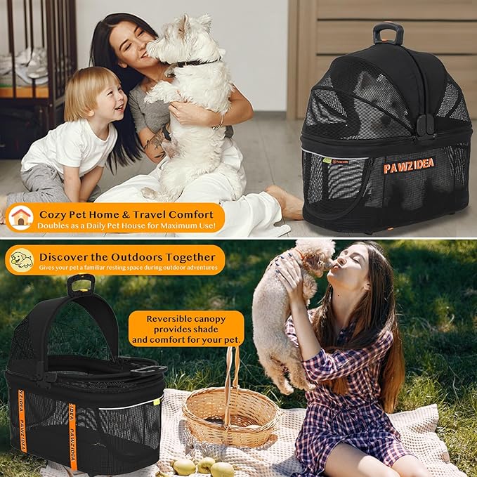 PAWZIDEA Portable Small Dog Crate for Car Travel, Enclosed Pet Car Seats for Small/Medium Dogs & Cats, Reversible No-Zip Canopy, Soft-Sided Pet Carrier Cage, Collapsible Travel Dog Kennel, Chew-Proof