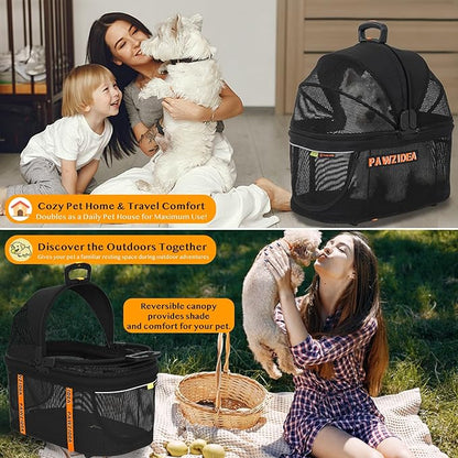 PAWZIDEA Portable Small Dog Crate for Car Travel, Enclosed Pet Car Seats for Small/Medium Dogs & Cats, Reversible No-Zip Canopy, Soft-Sided Pet Carrier Cage, Collapsible Travel Dog Kennel, Chew-Proof