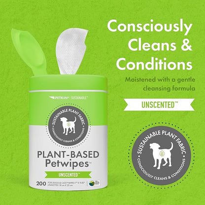 Petkin Plant-Based PetWipes, 200 Wipes, 6 Count - Biobased, Sustainable, Big & Thick Pet Wipes for Dogs & Cats - for Face, Paws, Ears, Body & Eye Area - Consciously Cleans & Conditions - Unscented