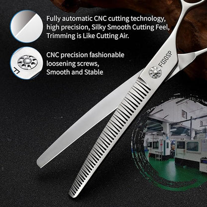 Professional 3D Curved Chunkers Dog Grooming Scissors 7'' Curved Thinning Shears for Dogs Pet 42 Teeth Japan VG10 Sharp and Durable