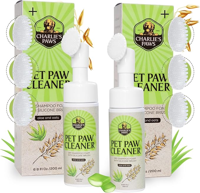 Paw Cleaner No-Rinse Foaming Cleanser Waterless Foam Dogs Cats with Cleaning Silicone Pet Grooming Brush Sulfate-Free pH Balanced Shampoo 6.8 Fl Oz (2 Pack)