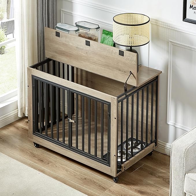 Dog Crate Furniture, Dog House Indoor with Feeding Bowl and Wheels, Wood Dog Crate Dog Kennels Decorative Dog Crate for Small Medium Dogs Grey 38.58" W x 25.2" D x 27.17" H One Size