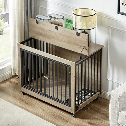 Dog Crate Furniture, Dog House Indoor with Feeding Bowl and Wheels, Wood Dog Crate Dog Kennels Decorative Dog Crate for Small Medium Dogs Grey 38.58" W x 25.2" D x 27.17" H One Size