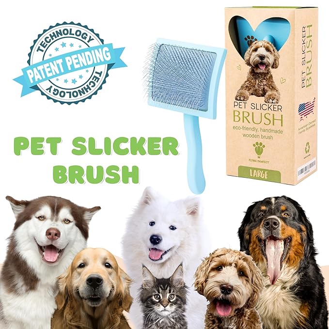 Pet Slicker Brush With Soft Massage Grooming Stainless Steel Pins - For Dematting, Shedding Fur, and Undercoat - Ideal Gift for Professional Pet Groomers - Long Slicker Brush - Flying Pawfect