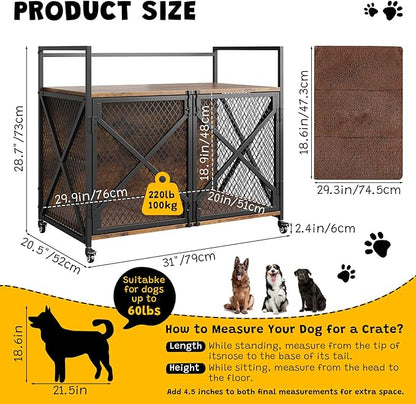 31 Inch Dog Crate Furniture, Heavy Duty Decorative Dog Cage with Lockable 360° Wheels, Double Door Dog Kennel End Table for for Small Medium Large Dog, Rustic Brown