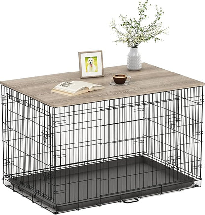 Piskyet Dog Crate Topper Wood Countertop for 48 42 36 30 24 inch Dog Cage, Dog Crate Cover,Dog Kennel Topper(Crate Not Include) (Grey, for 42 Inch Crate)