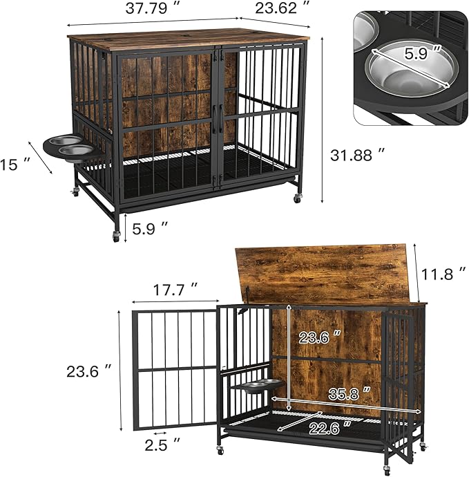 NicBex Dog Crate Furniture Dog Cage with 360 Degree Rotation Height Adjustable Feeding Bowls, Dog Kennels for Inside, Wooden Dog Crate with Lift Panel and Wheels, Antique Brown
