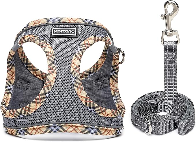 Mercano Soft Mesh Dog Harness and Leash Set, No-Chock Step-in Reflective Breathable Lightweight Easy Walk Escape Proof Vest Harnesses with Safety Buckle for Small Medium Dogs, Cats (Grey, XL)