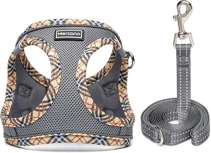 Mercano Soft Mesh Dog Harness and Leash Set, No-Chock Step-in Reflective Breathable Lightweight Easy Walk Escape Proof Vest Harnesses with Safety Buckle for Small Medium Dogs, Cats (Grey, XL)