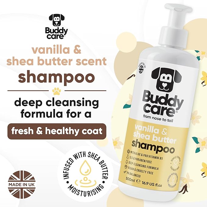 Vanilla & Shea Butter Dog Shampoo by Buddycare | Moisturising Shampoo for Dogs | Vanilla & Shea Butter Scented | with Aloe Vera and Pro Vitamin B5 (16.90oz)