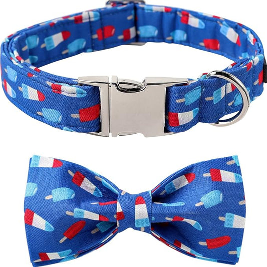 Lionet Paws Patriotic Dog Collar with Bowtie, 4th of July, Soft and Comfortable Adjustable Summer Popsicle Bowtie Collar for Dogs Male Female Gift, Medium, Neck 13.5-22 inches