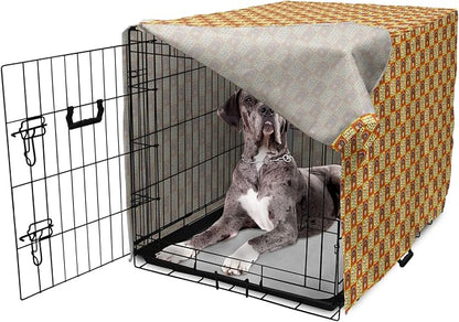 Lunarable Thanksgiving Dog Crate Cover, Checkered Pattern with Funny Cartoon Gobbler and Fallen Autumn Leaves, Easy to Use Pet Kennel Cover for Medium Large Dogs, 48 Inch, Red Yellow Brown