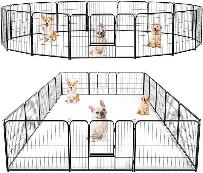 Heavy-Duty Iron Dog Playpen – 16 Panels 24” Durable, Rust-Resistant Pet Fence for Indoor & Outdoor Use, Secure & Spacious Pet Play Area for Dogs, Puppies & Small Animals
