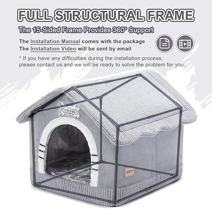 Jiupety Indoor Dog House with Frame, Large Dog Cave Bed, Insulated Cozy, Suitable for 25-60 lb, Large Plus (30"×26"×25"), Gray