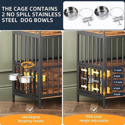 Large Dog Crate Furniture, with 360° Adjustable Elevated Feeder, Heavy Dog Furniture, Indoor Decorative Dog Kennel, Sturdy Metal Construction, 38" W×21" D×36" H, Rustic Brown Finish