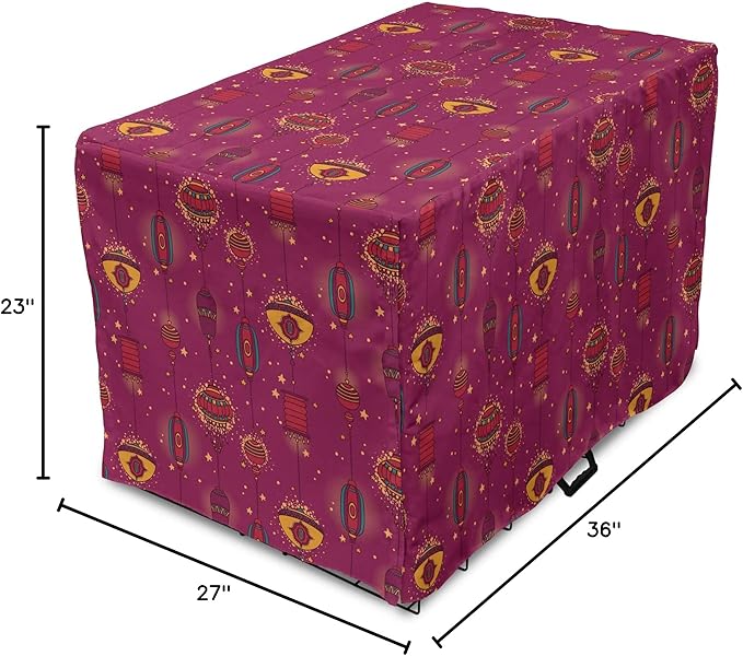 Lunarable Folkloric Dog Crate Cover, Cultural Inspirations Oriental Party Celebration Art Traditional Design, Easy to Use Pet Kennel Cover for Medium Large Dogs, 36 Inch, Magenta and Yellow