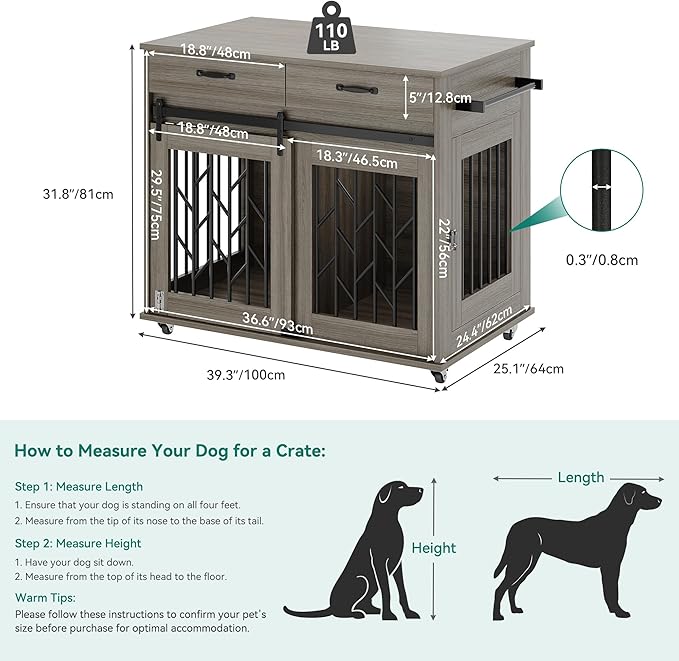 YITAHOME Dog Crate Furniture with Sliding Barn Door, 39" Wooden Dog Kennel Indoor with Storage Drawers, Double Dog Crate for 2 Small Medium Dogs, Grey