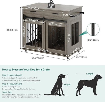 YITAHOME Dog Crate Furniture with Sliding Barn Door, 39" Wooden Dog Kennel Indoor with Storage Drawers, Double Dog Crate for 2 Small Medium Dogs, Grey