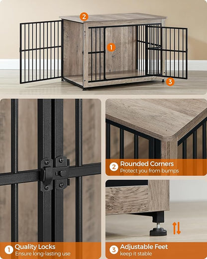 Feandrea Dog Crate Furniture, 38.6" Side End Table, Modern Kennel for Dogs Indoor up to 70 lb, Heavy-Duty Dog Cage with Enclosed Base, Double-Door Dog House, Greige UPFC023G01
