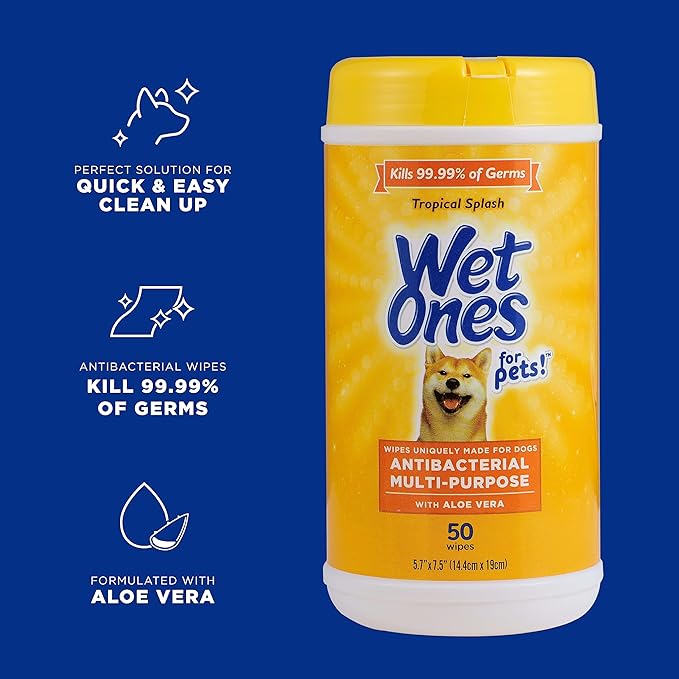 Wet Ones Mixed 13 Piece Bundle of Human & Pet Wet Wipes, Tropical Splash Scent| 10 Packs Antibacterial Wipes, 20 Ct Plus 3 Cannisters for Pets Multi-Purpose Dog Wipes, 50ct