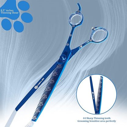 Professional Dog Grooming Scissors Set of Straight, Curved, Thinner/Blender and Chunker Shears with Paw Prints for Dogs, Cats & Pets (Right Handed, Blue, Stainless Steel 8 Inch)